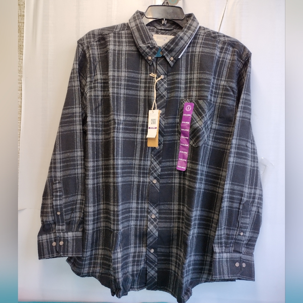 One Day Away Mens Long Sleeve Plaid Flannel Shirt Button Up Charcoal - 3XL